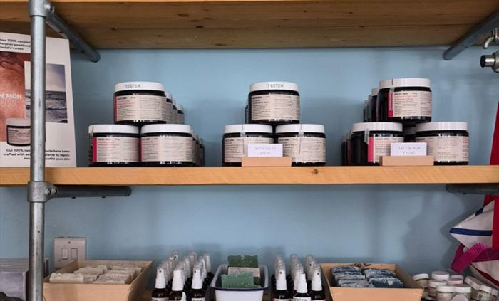 The shelves at Halen Môn's gift shop